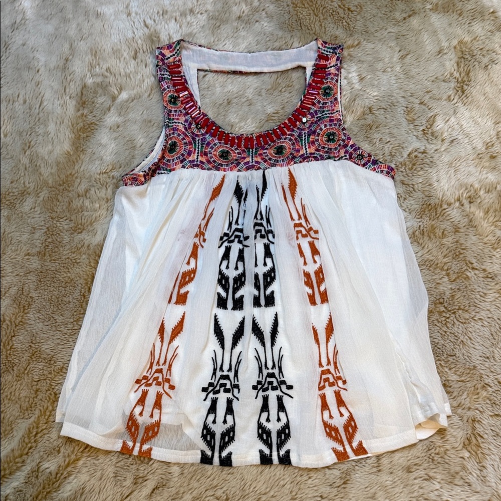 Anthropologie Embroidered Tank Top - White and Orange